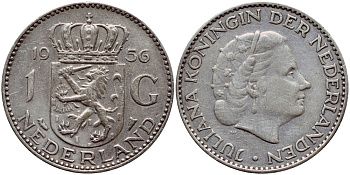 Нидерланды 1 гульден 1956 Юлиана (1948-1980) KM 184 серебро 1522-135