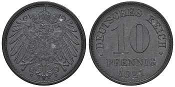 Германия 10 пфеннигов 1921 KM 26, J. 299, Weege 8 цинк 4119-357