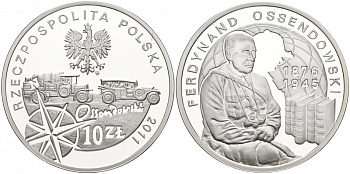 Польша 10 злотых 2011 серия польские путешественники, Фердинанд Оссендовский KM 798 серебро PROOF 11-012-22