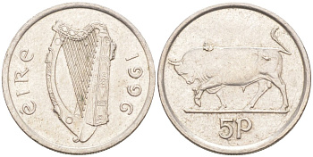 Ирландия 5 пенсов 1996 бык KM 28 медно-никель 188-124