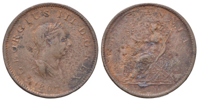 Великобритания 1/2 пенни 1807 Георг III (1760-1820) KM 662, Spink 3781 медь 4707-835