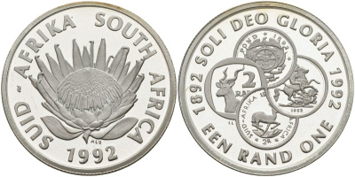ЮАР 1 ранд 1992 100 лет монетам ЮАР (1892-1992) KM 143 серебро PROOF 1096-1-73