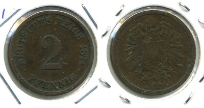 ГЕРМАНИЯ 2 ПФЕННИГА 1874 A, СТАРОГЕРБОВКА KM 2, J.2 медь 701-411