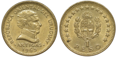 Уругвай 1 песо 1965 KM 46 алюминиевая бронза 106-747