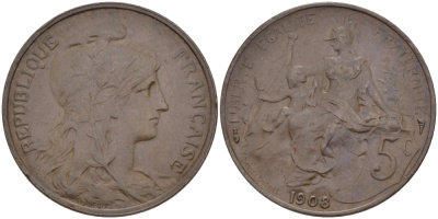 ФРАНЦИЯ 5 САНТИМОВ 1908 ТИП ДАНИЭЛЬ ДЮПЮИ KM 842, LE FRANC 119.19 бронза 28-613