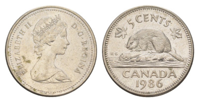 Канада 5 центов 1986 Елизавета II (1952-2022), бобр KM 60.2a медно-никель 4630-735