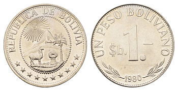 Боливия 1 песо 1980 KM 192 сталь плакированная никелем UNC 4622-1232