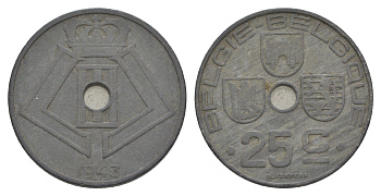 Бельгия 25 сантимов 1943 Belgie - Belgique, Леопольд III (1934-1947), германская оккупация, Вторая мировая война KM 132 цинк 4619-844