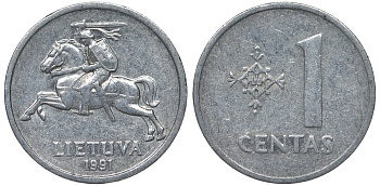 Литва 1 цент 1991 погоня, новая республика (1991-) KM 85 алюминий 4122-321