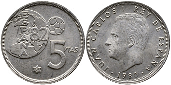 Испания 5 песет 1981 (80), Хуан Карлос, чемпионат мира по футболу Испания 82 KM 817 медно-никель 4384-1151