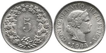 ШВЕЙЦАРИЯ 5 РАППЕНОВ 1964 KM 26 медно-никель 4528-645