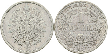Германия 1 марка 1878 J Weege 17, J. 9, KM 7 серебро 65-131