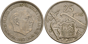 Испания 25 песет 1957 (69) Франсиско Франко (1939-1975) KM 787 медно-никель    4597-141