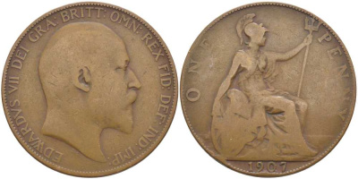 Великобритания 1 пенни 1907 Эдуард VII (1901-1910) KM 794.2, Spink 3990 бронза 4394-1125