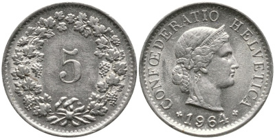 ШВЕЙЦАРИЯ 5 РАППЕНОВ 1964 KM 26 медно-никель 4528-645