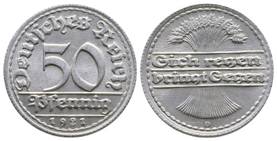 ГЕРМАНИЯ 50 ПФЕННИГОВ 1921 D KM 27, J. 301 алюминий 4380-842