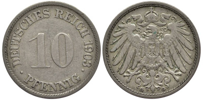 ГЕРМАНИЯ 10 ПФЕННИГОВ 1903 G KM 12, Jager 13, Weege 8 медно-никель 219-412