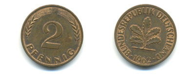 ФРГ 2 ПФЕННИГА 1962 F KM 106, J.381 бронза 176-666