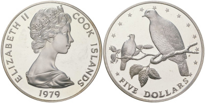 Острова Кука 5 долларов 1979 птицы - раратонгские фруктовые голуби KM 24 серебро PROOF 00-00