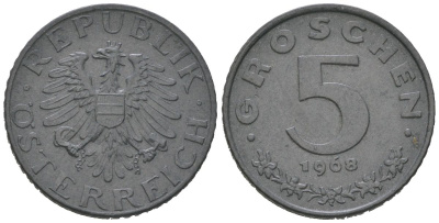 Австрия 5 грошей 1968 KM 2875 цинк UNC 192-234