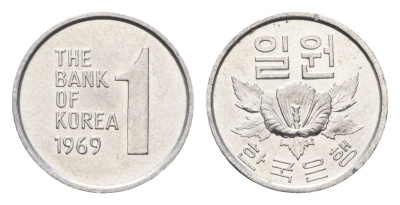 Южная Корея 1 вона 1969 роза KM 4a алюминий UNC 4647-1211