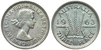 Австралия 3 пенса 1963 m, Елизавета II (1952-2022) KM 57 серебро 71-859