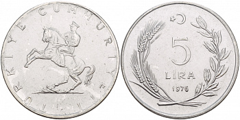 Турция 5 лир 1976 Кемаль Ататюрк KM 905 нержавеющая сталь 4545-312