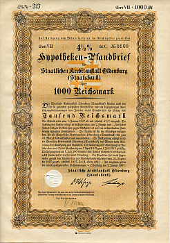 Германия 1000 рейхсмарок 1937 Государственное кредитное учреждение Ольденбурга (Государственный банк), ипотечный залог под залог 4-1/2%, облигация   бумага   8801-74-1