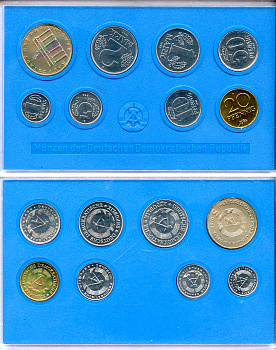 ГДР официальный набор из 8 монет включая 5 марок Бранденбургские ворота 1982 тираж 21000 экземпляров, твердый пластик KM MS4   UNC 1181-4-19