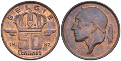 БЕЛЬГИЯ 50 САНТИМОВ 1982 BELGIE, БОДУЭН I (1951-1993) KM 149.1 бронза 214-228