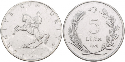 Турция 5 лир 1976 Кемаль Ататюрк KM 905 нержавеющая сталь 4545-312