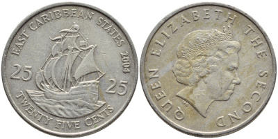 Восточно-Карибские штаты 25 центов 2004 Елизавета II (1952-2022), парусник KM 38 медно-никель 89-646