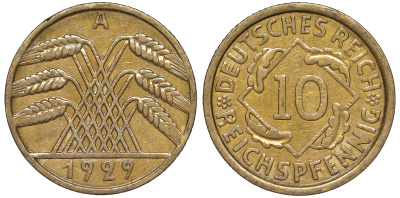 Германия 10 рейхспфеннигов 1929 A KM 40, J. 317 алюминиевая бронза 4604-713