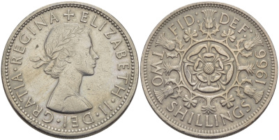 Великобритания 2 шиллинга (флорин) 1966 Елизавета II (1952-2022) KM 906, Spink 4146 медно-никель 67-836
