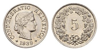Швейцария 5 раппенов 1939 B KM 26b никель UNC 46-1021