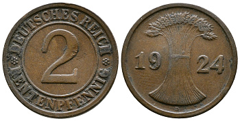 ГЕРМАНИЯ 2 РЕНТЕНПФЕННИГА 1924 D KM 31, J.307 бронза 86-1442