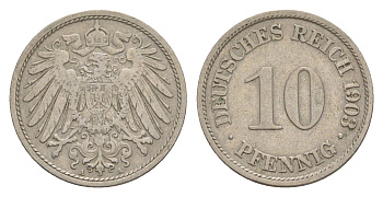 Германия 10 пфеннигов 1903 A, Вильгельм II (1888-1918) KM 12, J. 13 медно-никель 4640-257