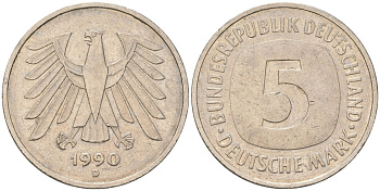 ФРГ 5 марок 1990 D KM 140.1 медно-никель 4557-144