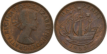 Великобритания 1/2 пенни 1959 Елизавета II (1952-2022) KM 896, Spink 4158 бронза 4159-753