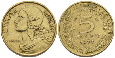 ФРАНЦИЯ 5 САНТИМОВ 1968 ТИП MARIANNE KM 933, LE FRANC 125.4 алюминиевая бронза 66-438
