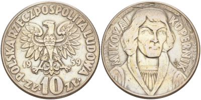 ПОЛЬША 10 ЗЛОТЫХ 1959 НИКОЛАЙ КОПЕРНИК KM 51 медно-никель 4111-913