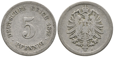 ГЕРМАНИЯ 5 ПФЕННИГОВ 1875 J, СТАРОГЕРБОВКА KM 3, J. 3 медно-никель 39-345