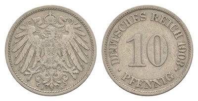 Германия 10 пфеннигов 1903 A, Вильгельм II (1888-1918) KM 12, J. 13 медно-никель 4640-257