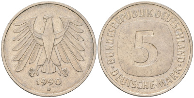 ФРГ 5 марок 1990 D KM 140.1 медно-никель 4557-144