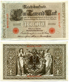 Германия 1000 марок 1910 21 апреля 1910, красная печать, номер семизначный, серия L, буква S, выпуск АВГУСТ 1922 Pick 44, Роземберг 45с бумага VF 8606-40-1-2