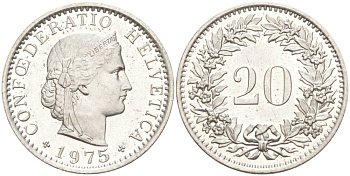 Швейцария 20 раппенов 1975 KM 29a медно-никель 55-937