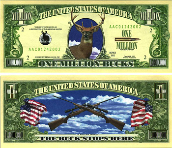 США 1000000 БАКСОВ 2002 СУВЕНИРНАЯ БАНКНОТА, ОХОТНИКИ В АМЕРИКЕ, ОХОТНИЧЬИ РУЖЬЯ бумага UNC (ПРЕСС) 7198-39-3-1