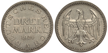 Германия 3 марки 1924 А, Веймарская Республика Weege 19, J. 312, KM 43 серебро 00-00