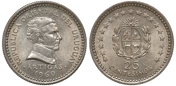 Уругвай 25 сентесимо 1960 KM 40 медно-никель 4169-963
