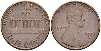 США 1 цент 1979 D, Линкольн KM 201 медь цинк 4580-413